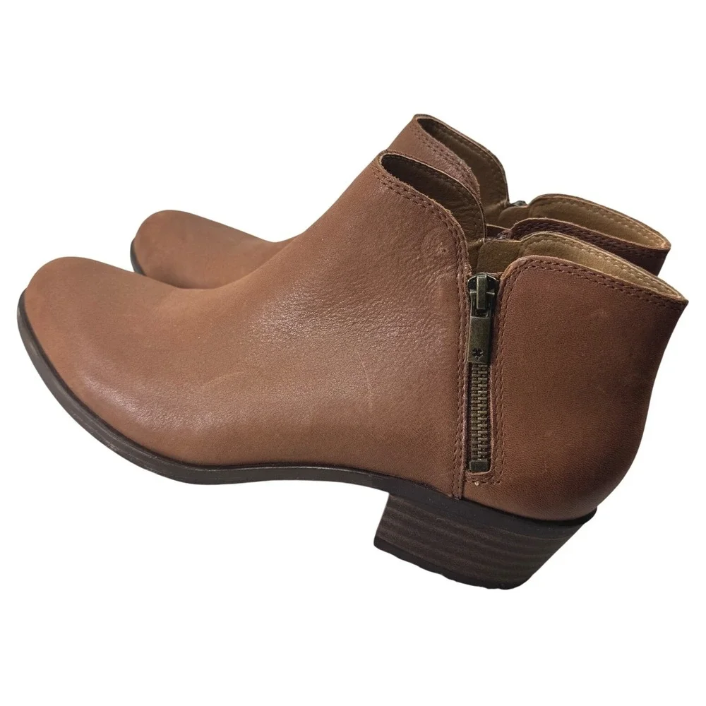 Lucky Brand Burklee Ankle Boots Women 9.5 Cognac Leather Side Zip Western Casual